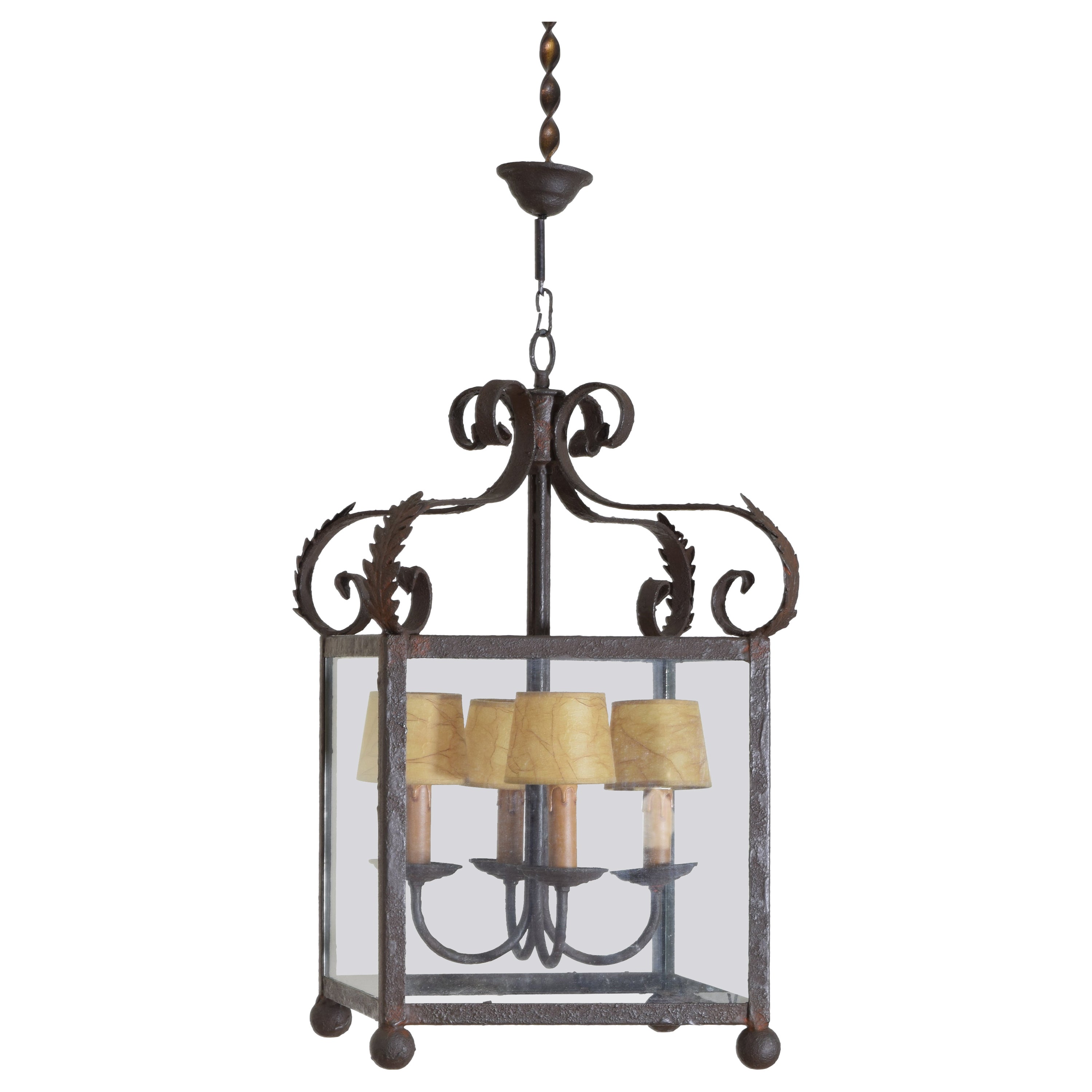 French Louis XIV Style Wrought Iron 4-Light Lantern, 1st quarter 20th century For Sale