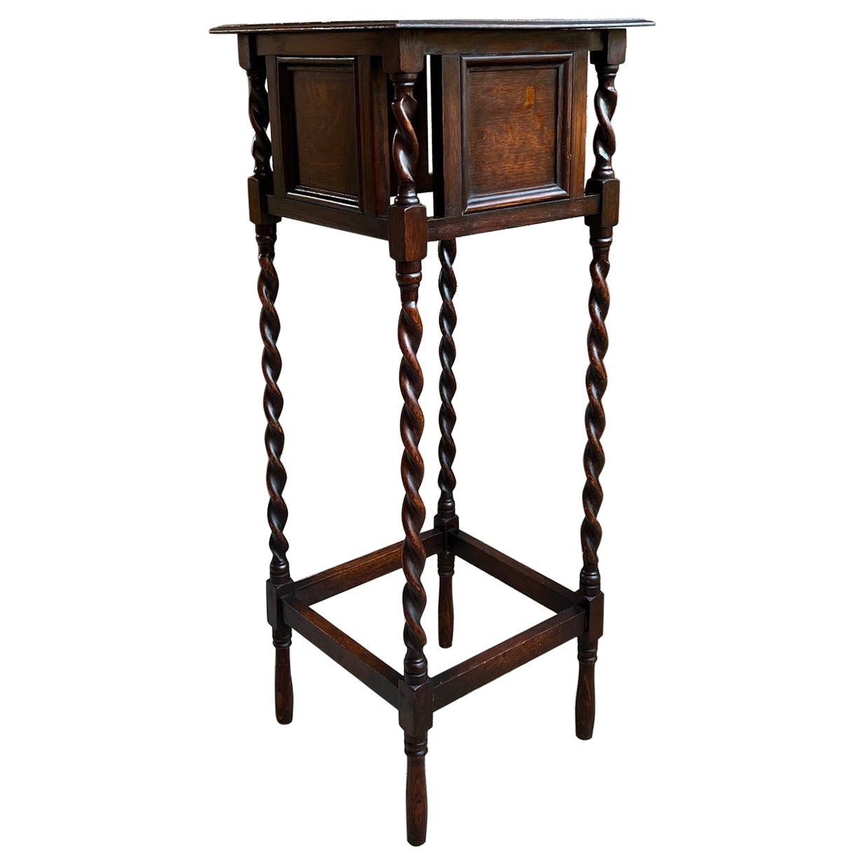 Tall Antique English Barley Twist Plant Stand Square Display Table Tiger Oak For Sale