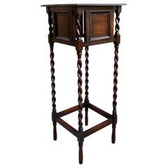 Tall Used English Barley Twist Plant Stand Square Display Table Tiger Oak