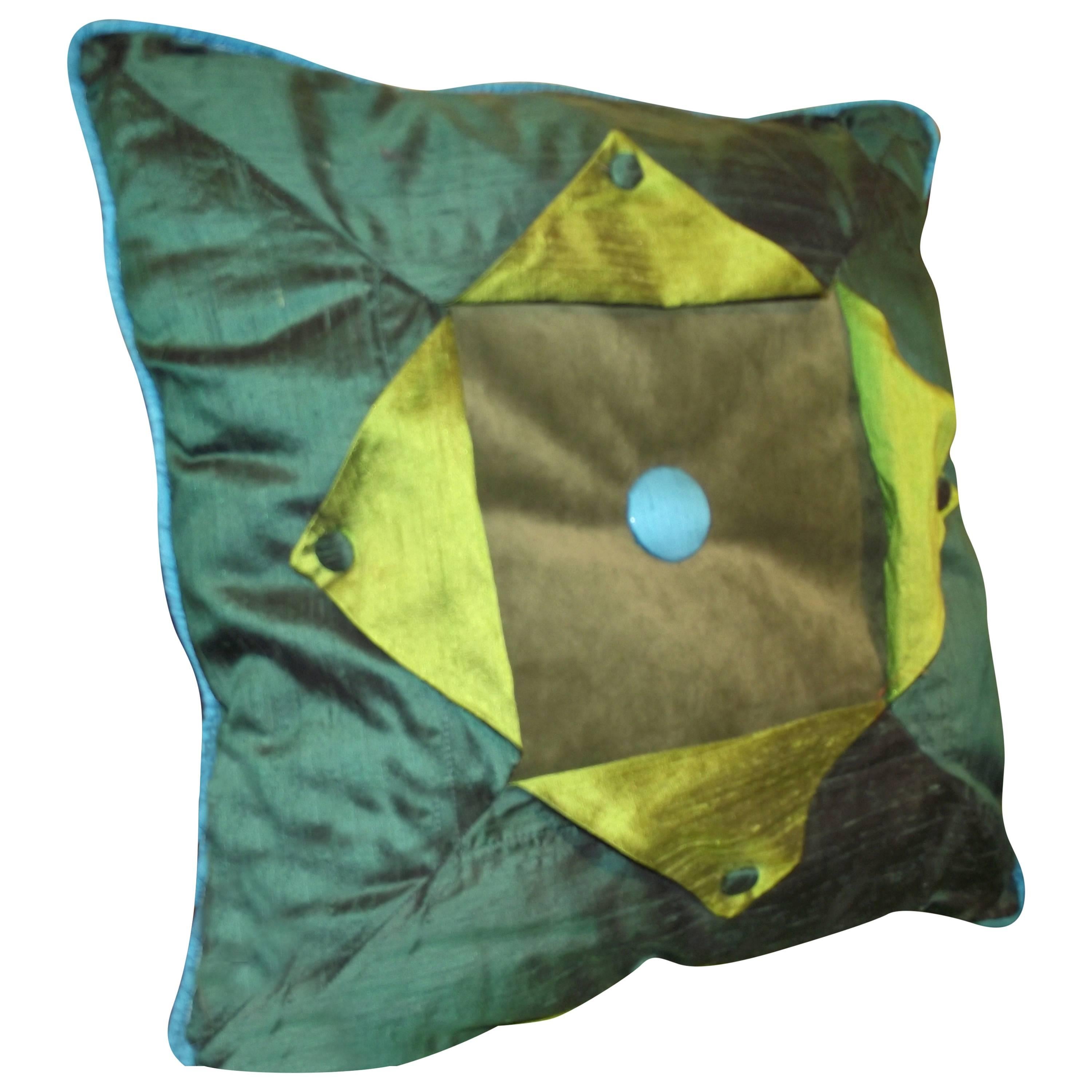 Throw Pillow out of Turquoise (blue) , and Green Silk and Velvet Button Down Tab For Sale