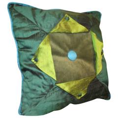 Throw Pillow out of Turquoise (blue) , and Green Silk and Velvet Button Down Tab