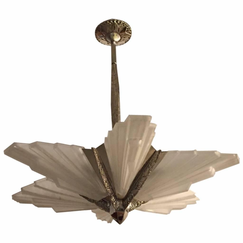 French Art Deco Six-Panel Starburst Chandelier by Degue