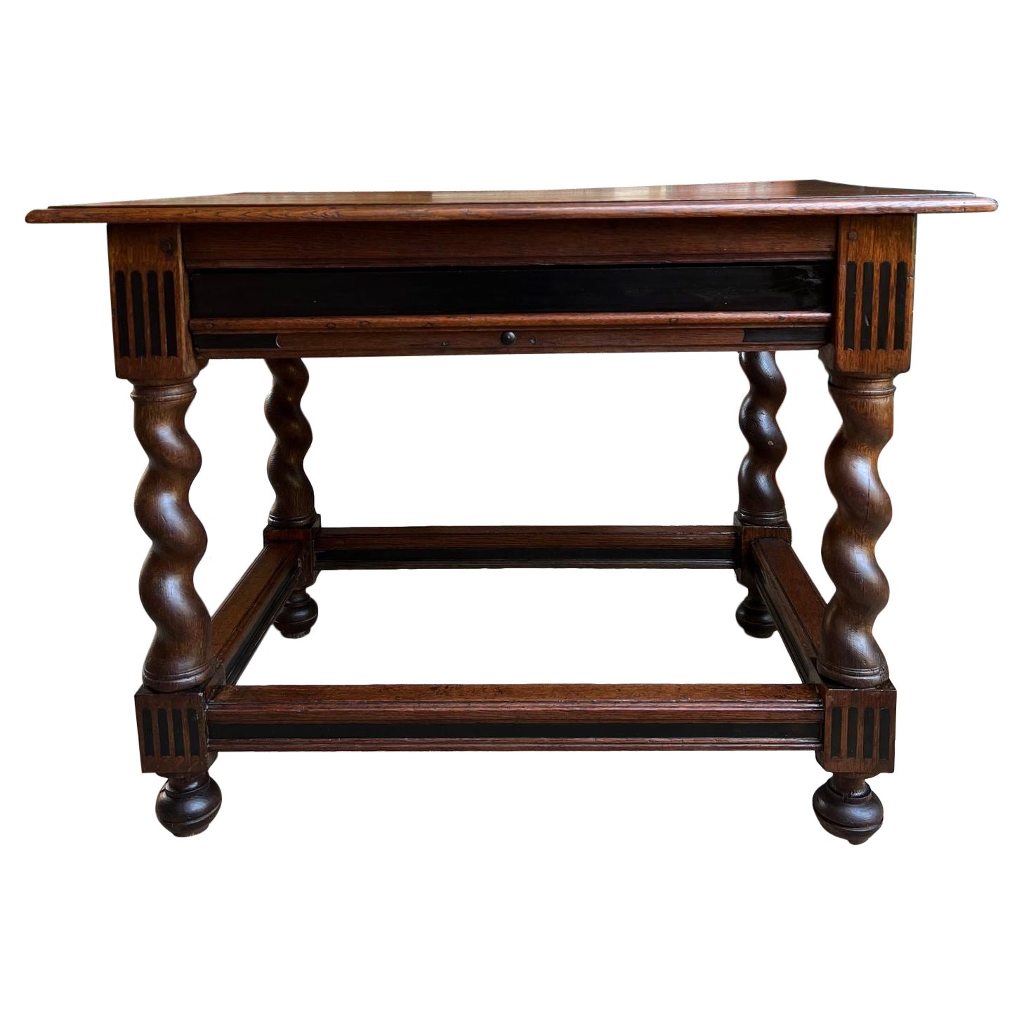 Antique English Sofa Side Table Barley Twist Ebonized Library Desk Carved Oak For Sale
