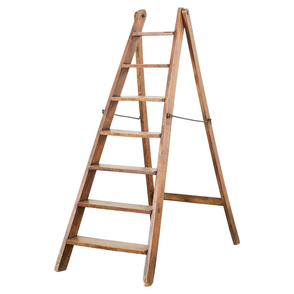 English Leather, Brass and Nailhead Trim Folding Stick Library Ladder ...