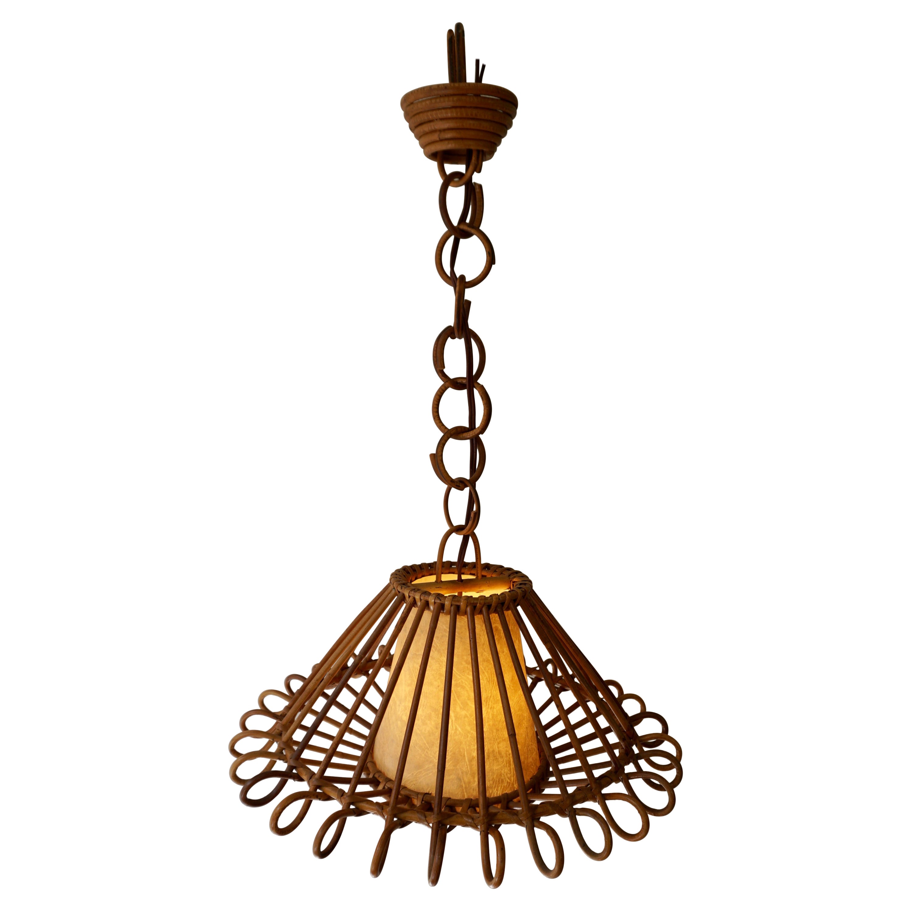 French Pendant Light or Lantern in Rattan, 1950s For Sale