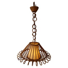 Retro French Pendant Light or Lantern in Rattan, 1950s