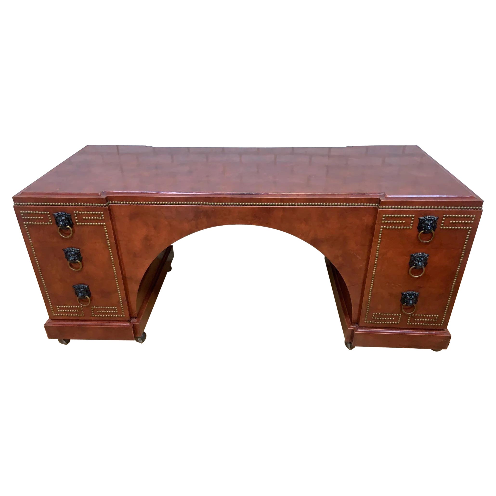 Vintage Baroque Style Leather Wrapped Studded Partner Desk with Lion Pulls For Sale