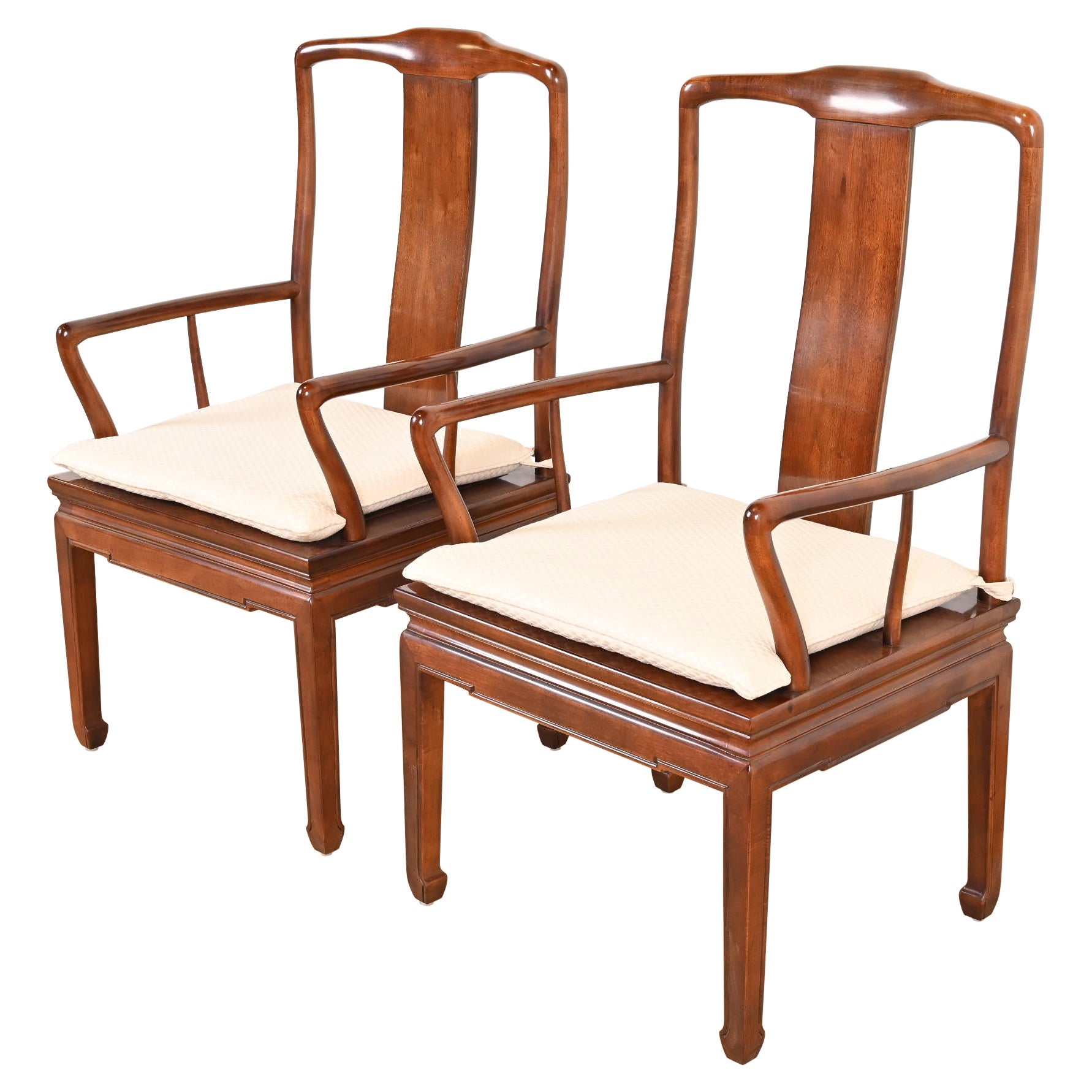 Henredon Hollywood Regency Chinoiserie Sculpted Mahogany Dining Arm Chairs For Sale