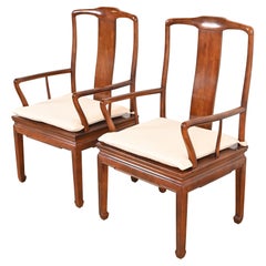 Retro Henredon Hollywood Regency Chinoiserie Sculpted Mahogany Dining Arm Chairs