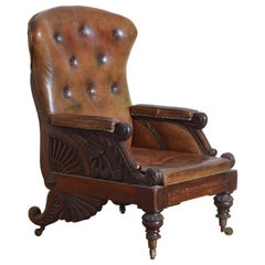 Antique English Victorian Period Mahogany Metamorphic Library Armchair w/ Footrest, 1865