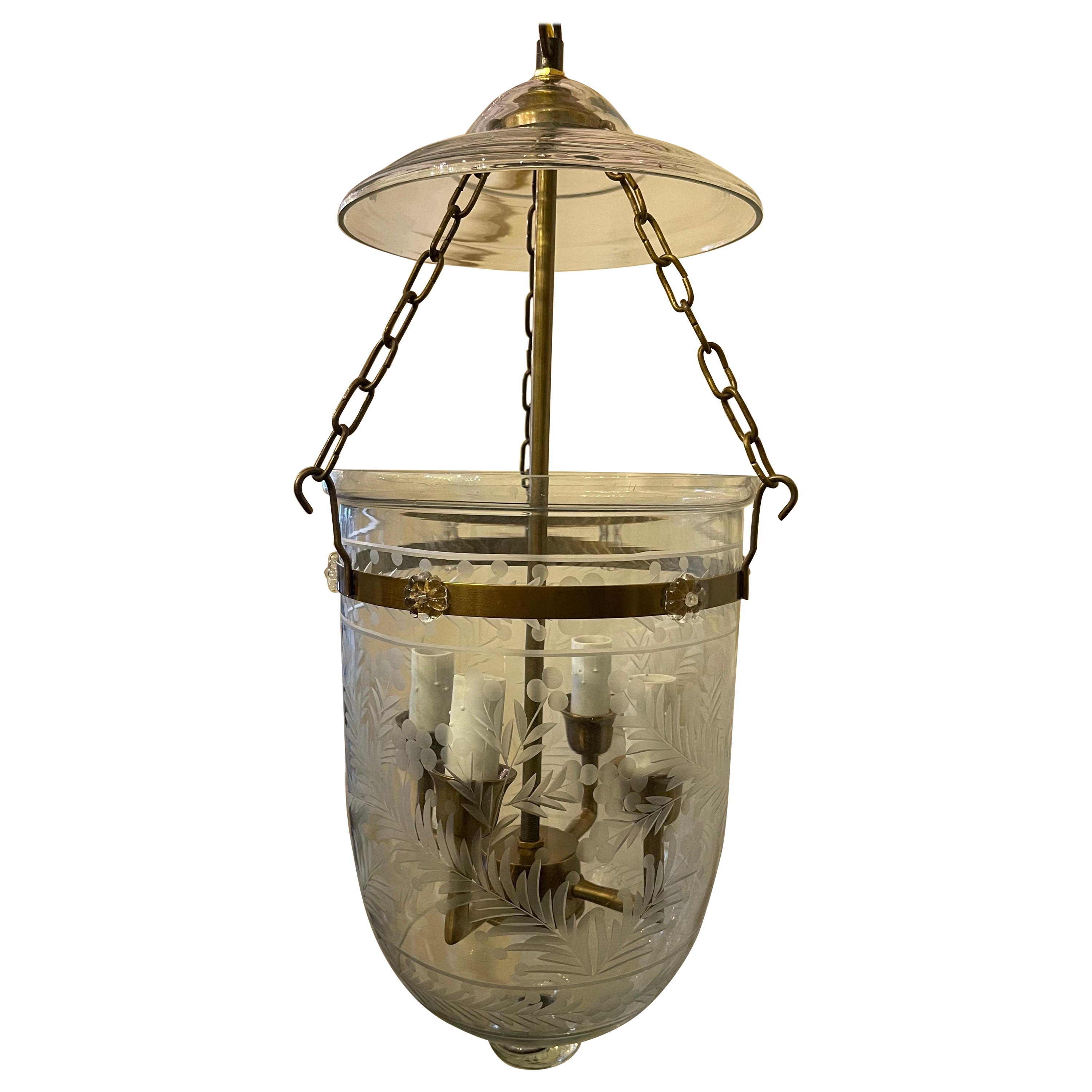 Etched Glass Leaves Flowers Bell Jar Lantern Brass Light Fixtures 4 Available For Sale