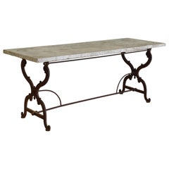 Mesa de jardinero francesa victoriana de hierro forjado y mármol, finales del s. XIX