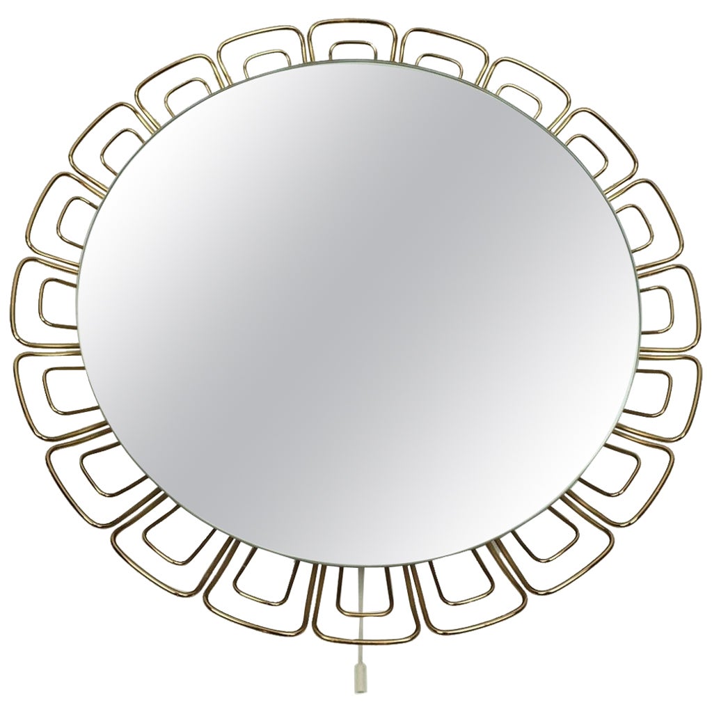 round mid century modern illuminated WALL MIRROR with brass frame 1960s 70s For Sale