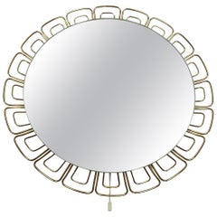 round mid century modern illuminated WALL MIRROR with brass frame 1960s 70s