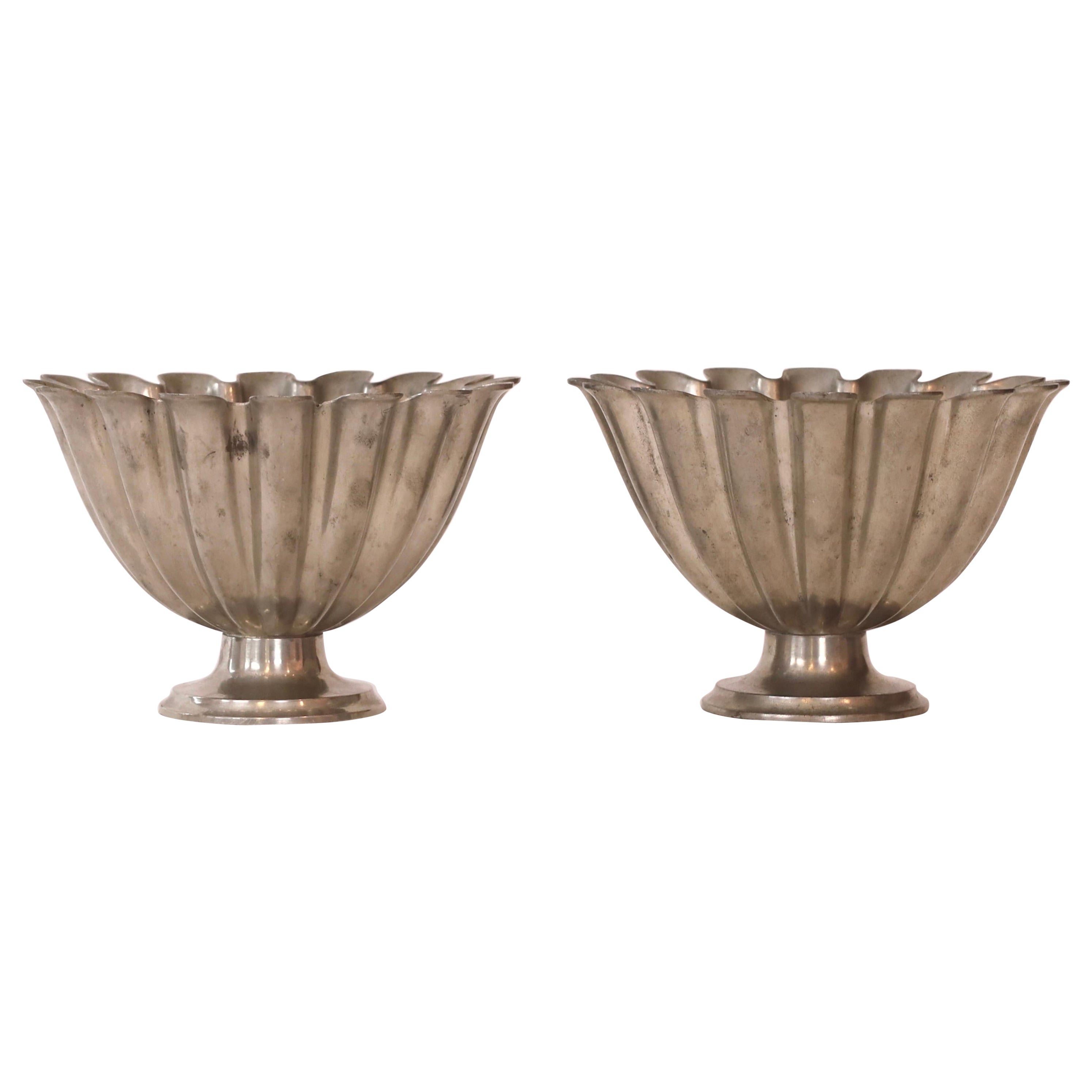 Pair of Scalloped pedestal pewter bowls by Just Andersen 1920s, Denmark