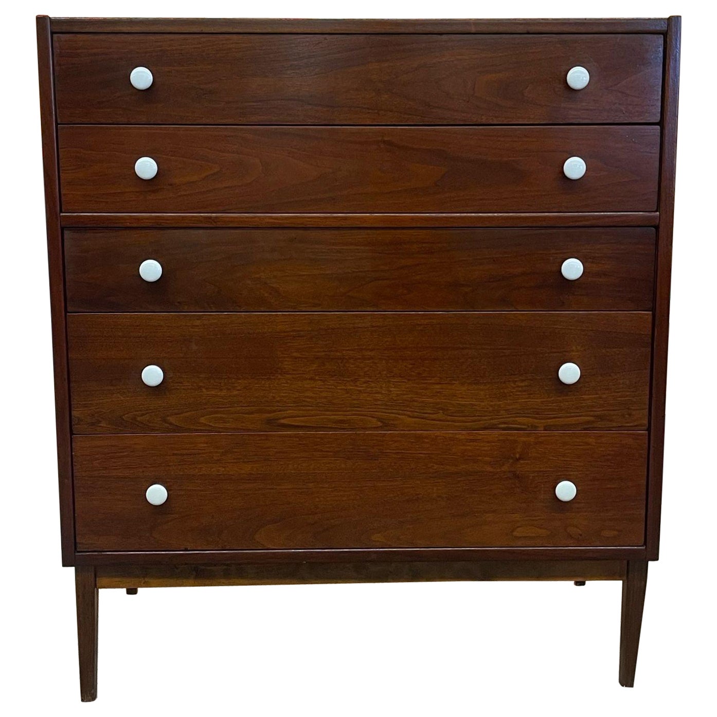 Vintage Mid Century Modern Drexel Style Tall Walnut Toned Five Drawer Dresser. For Sale