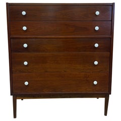 Vintage Mid Century Modern Drexel Style Tall Walnut Toned Five Drawer Dresser.