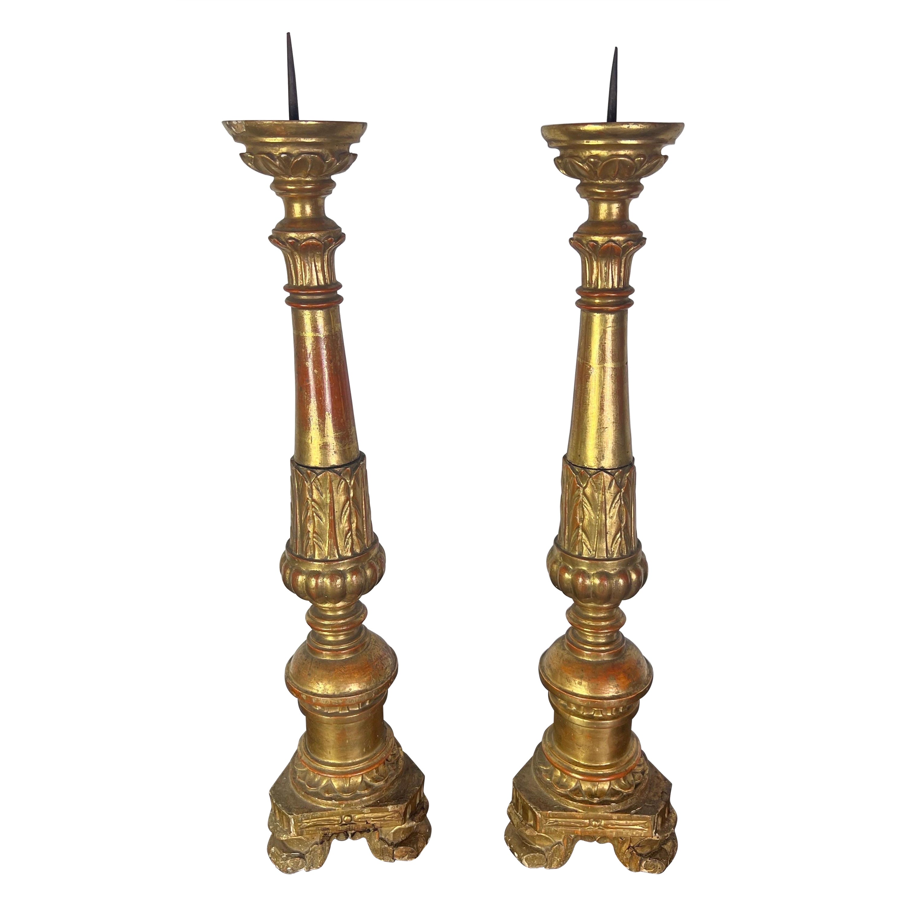 Pair of 19th-Century Italian Gilt Wood Candlesticks w/ Prickets For Sale