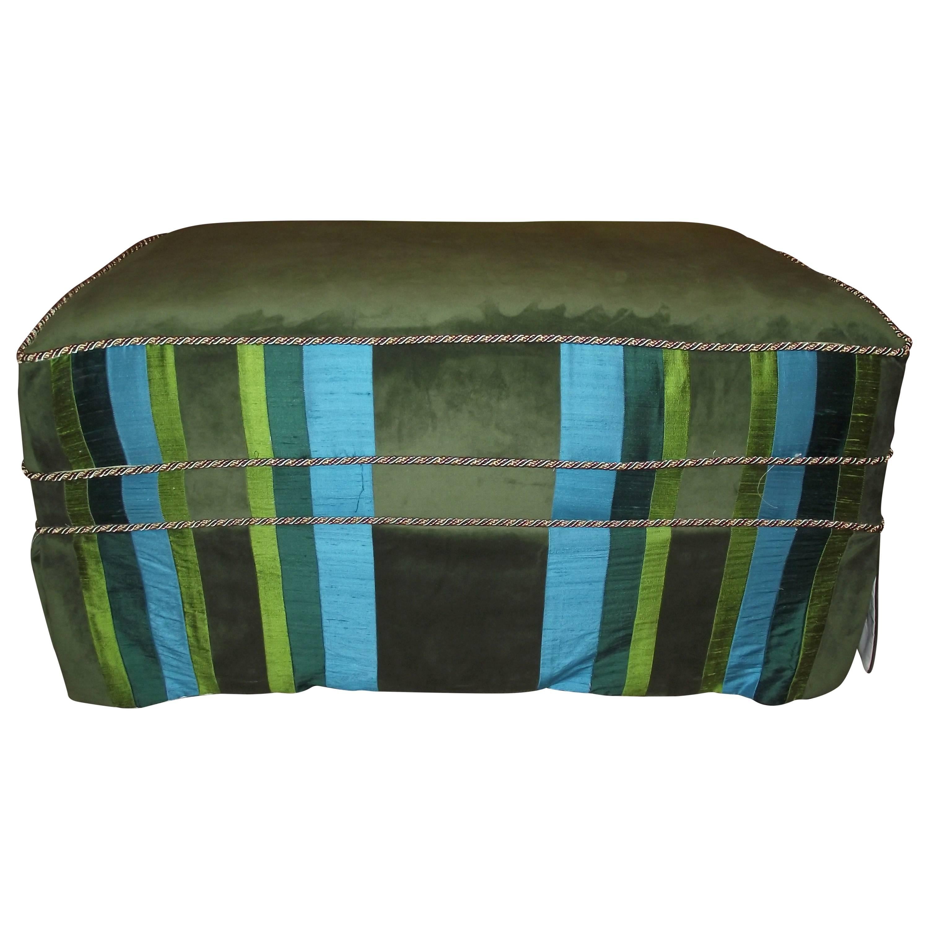 Ottoman/Coffee Table Size Slip Covered Turquoise Blue and Green Stripe  For Sale