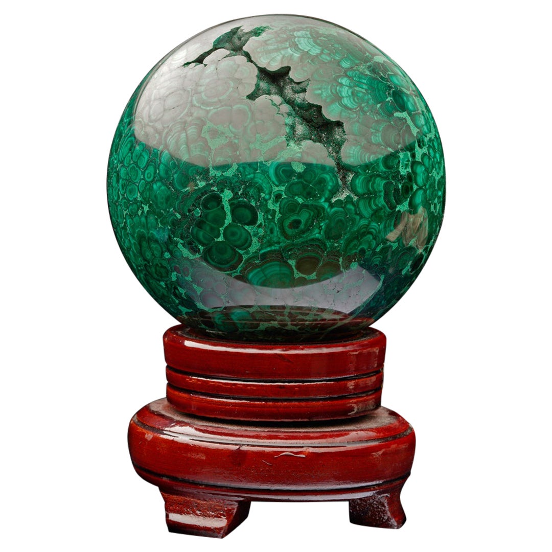 3-1/2" Diameter Malachite Sphere on Wooden Stand For Sale