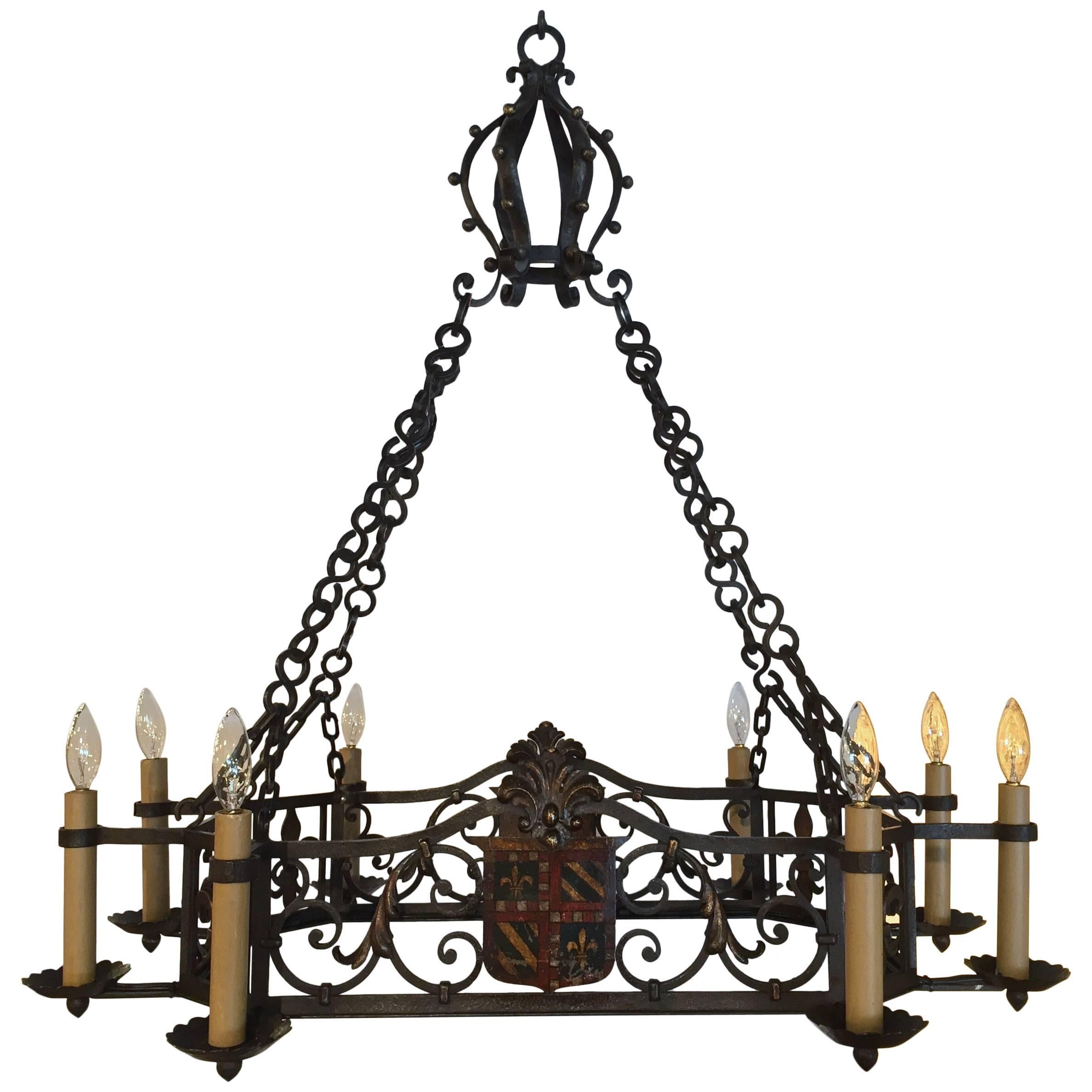 Antique French Gothic Eight-Light Iron Chandelier with Dual Coat of Arms