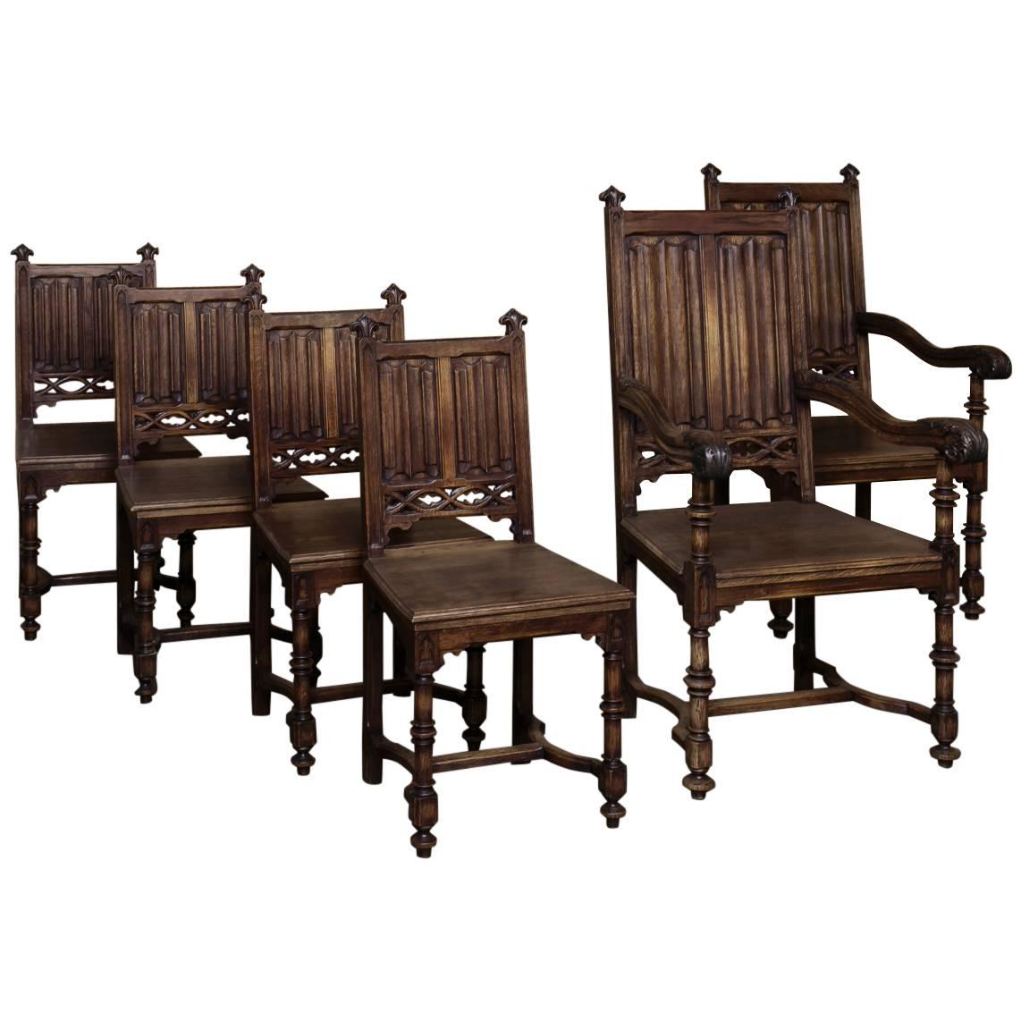 Set of Six 19th Century French Gothic Dining Chairs 