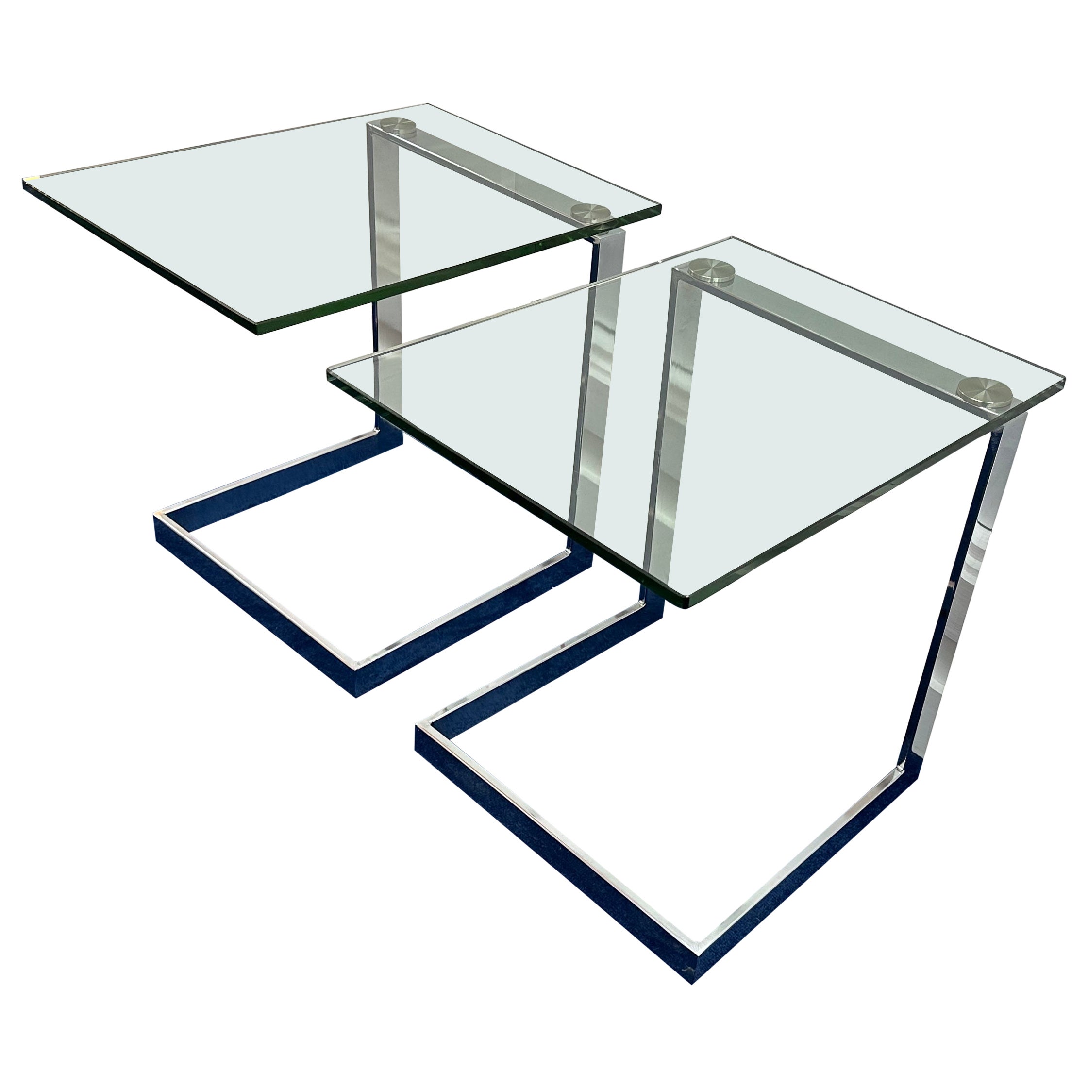 Pair of German Postmodern GEBRA Cantilevered Glass & Chrome Side Coffee Tables For Sale