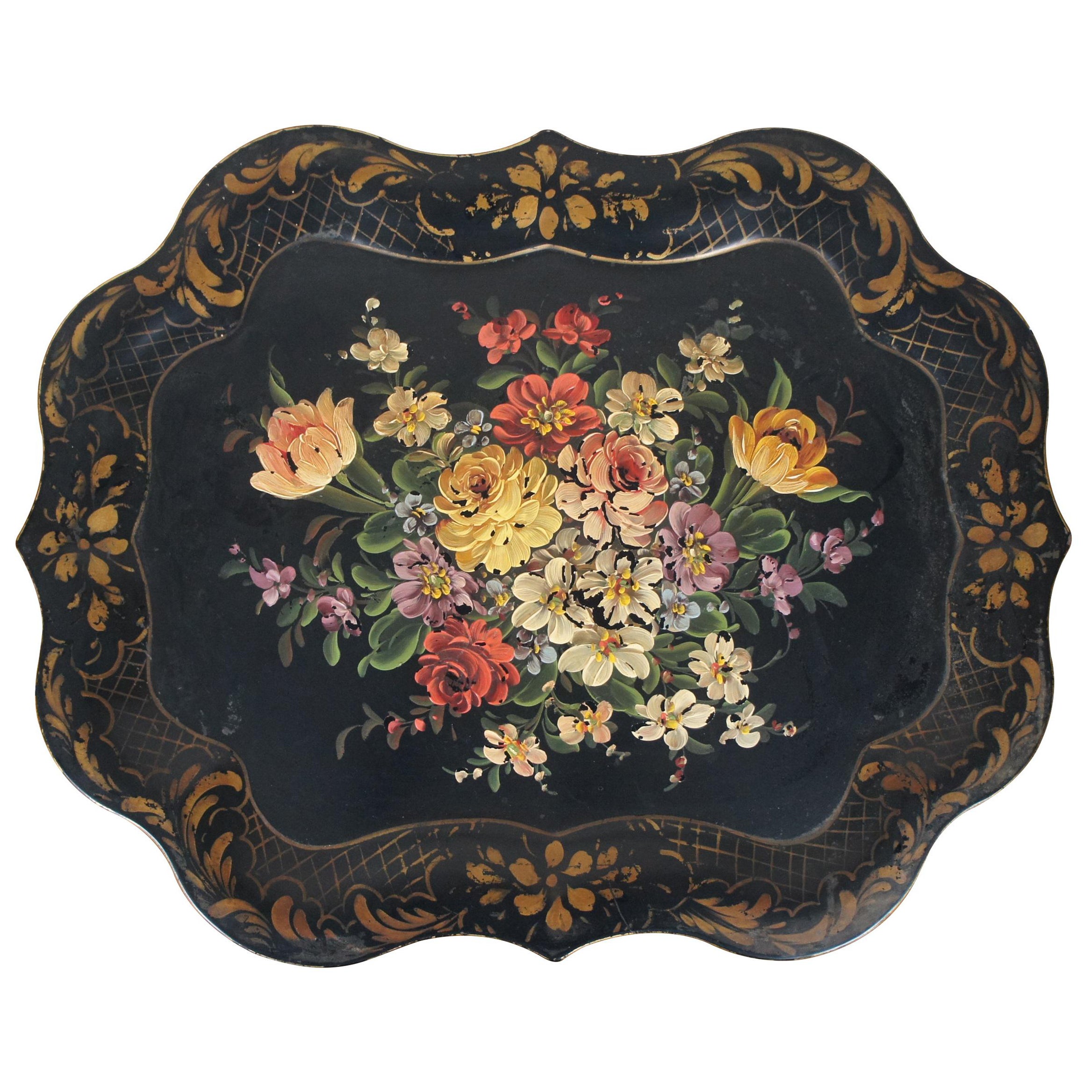 Large Antique Scalloped Floral Botanical Toleware Serving Tray Platter 25"