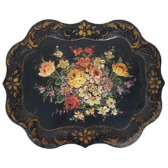 Large Antique Scalloped Floral Botanical Toleware Serving Tray Platter 25"