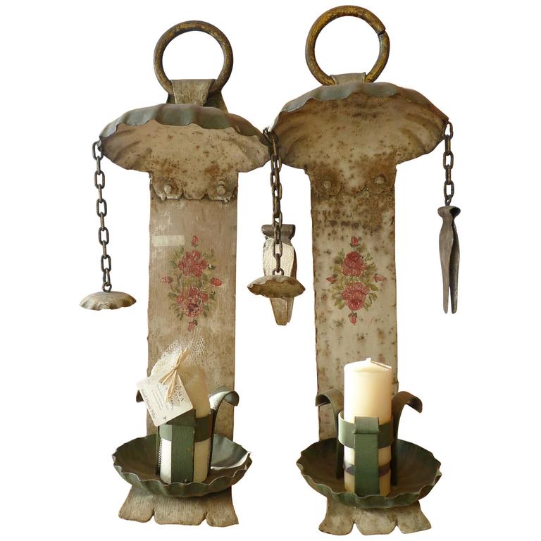 Two Metal Spanish 19th Century Painted Wall Sconce For Sale at 1stdibs