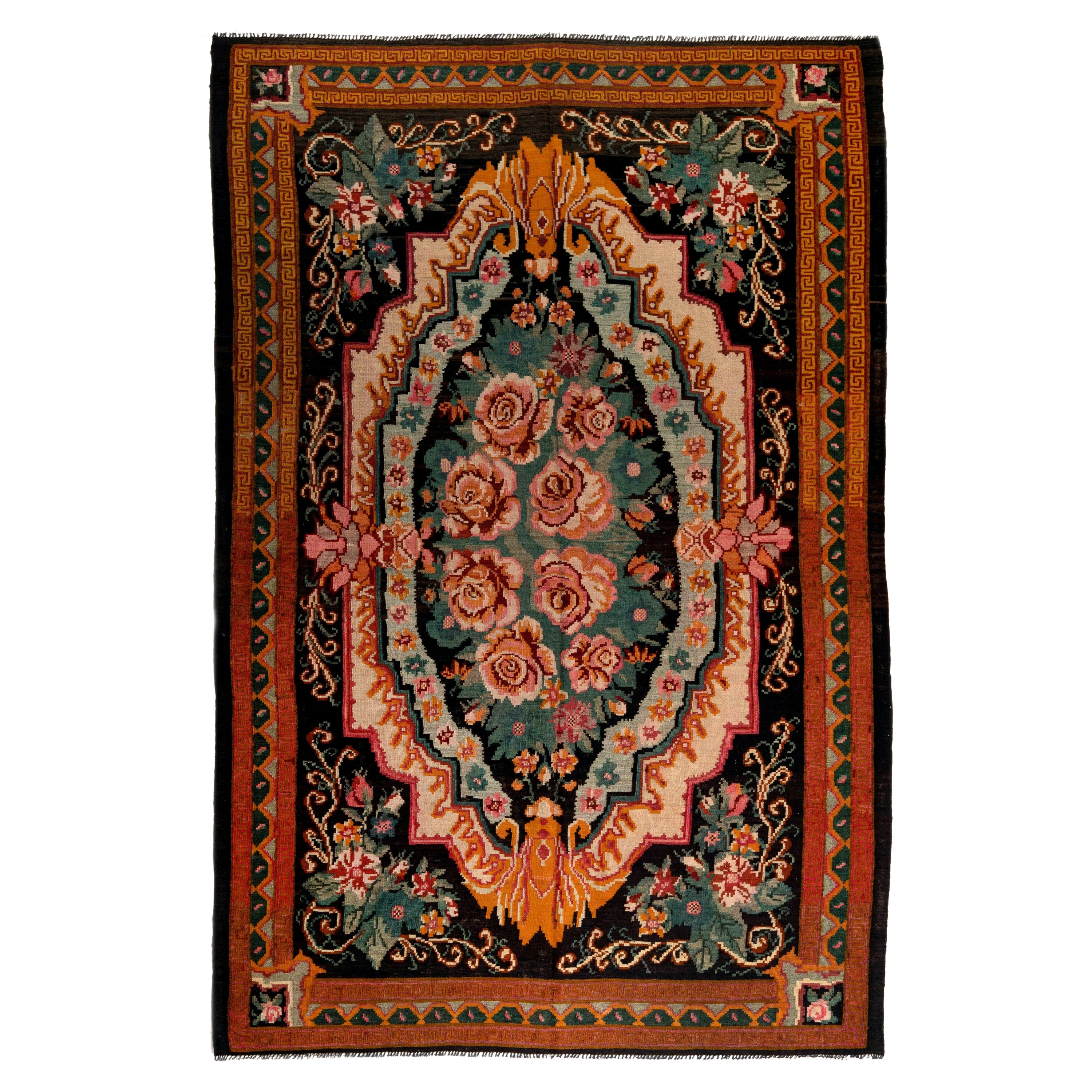 6.9x10.2 Ft Vintage Floral Bessarabian Kilim, Handwoven Wool Rug from Moldova For Sale