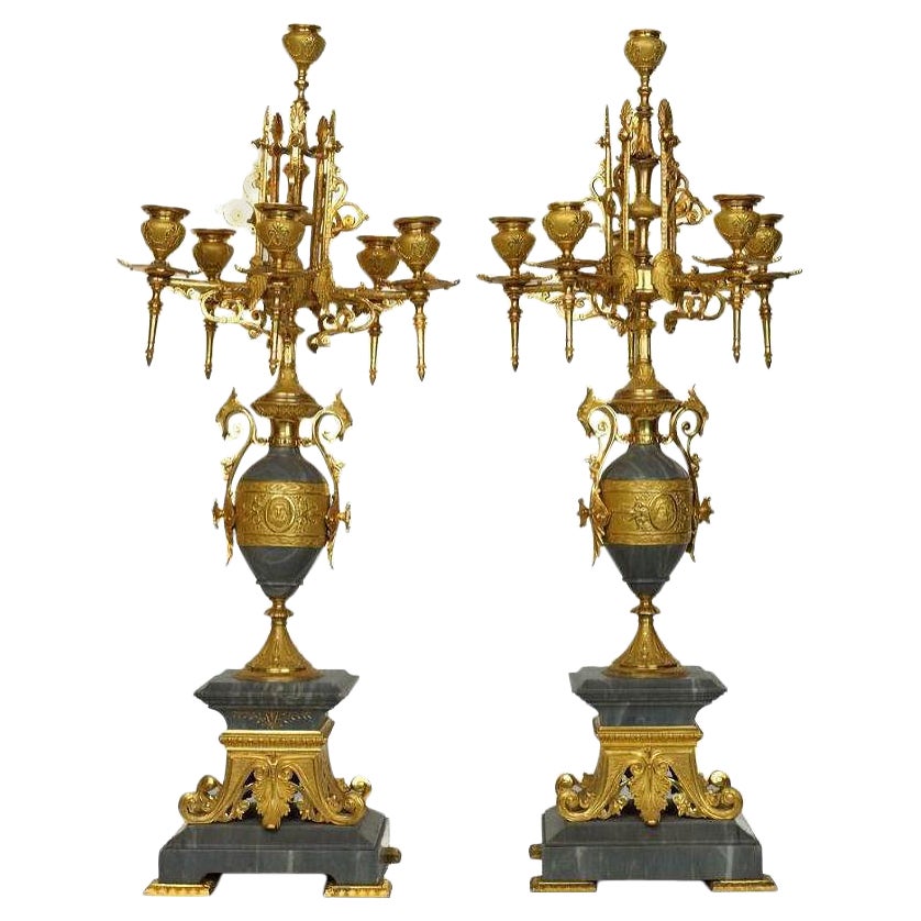 Pair French 19th Century Neo-Grecian Gilt Bronze Bleu Turquin Marble Candelabra For Sale