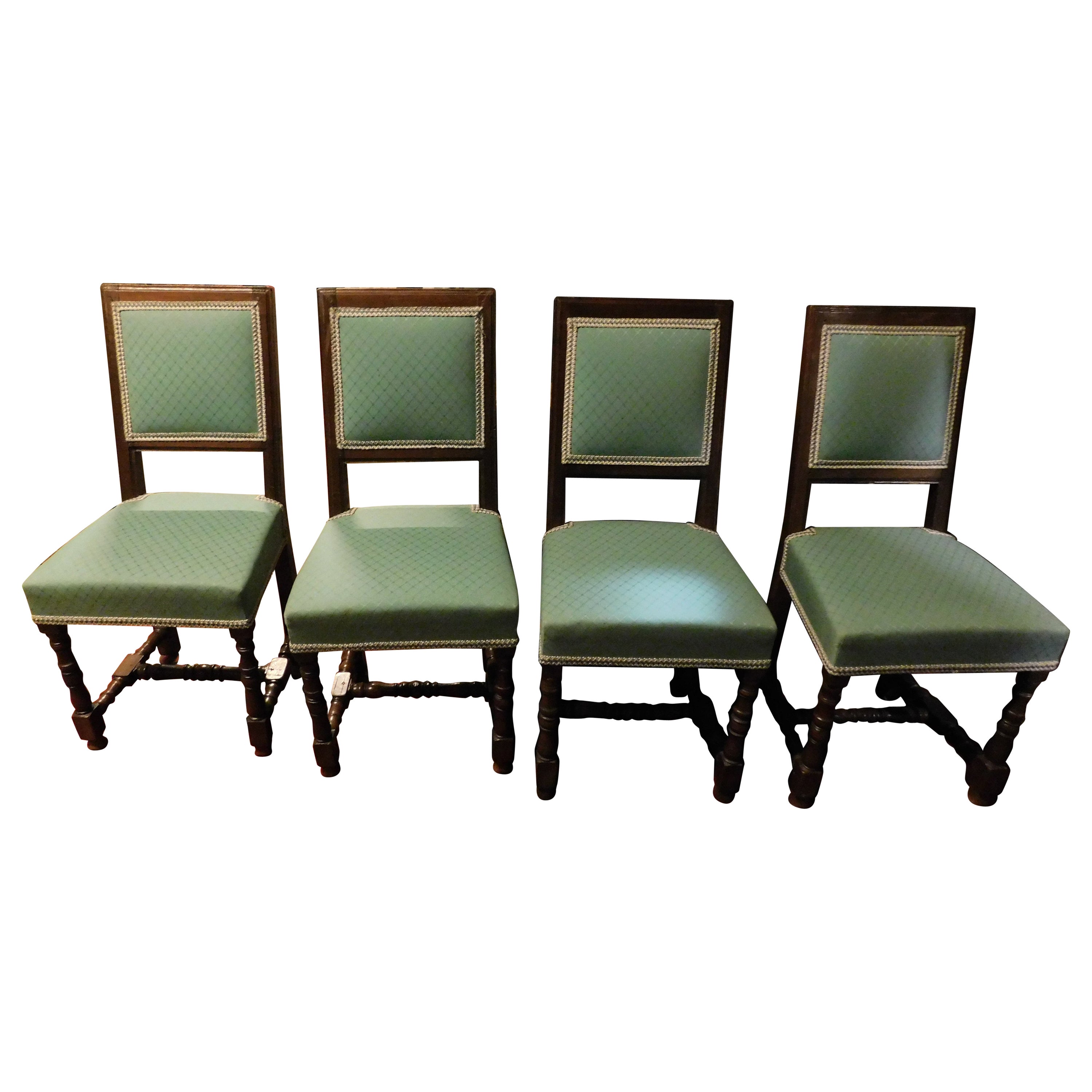 Set of 4 spool chairs in walnut, upholstery replaced, Italy For Sale