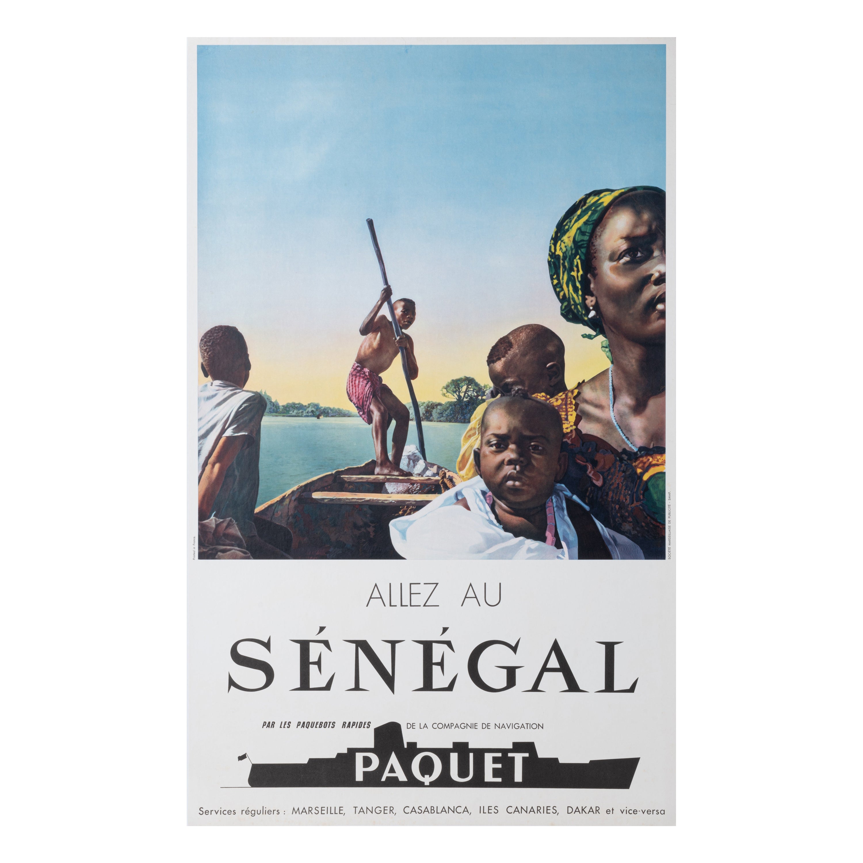 Original Paquebot Poster, Paquet Cruise Line, Senegal Morocco Dakar Canary, 1955