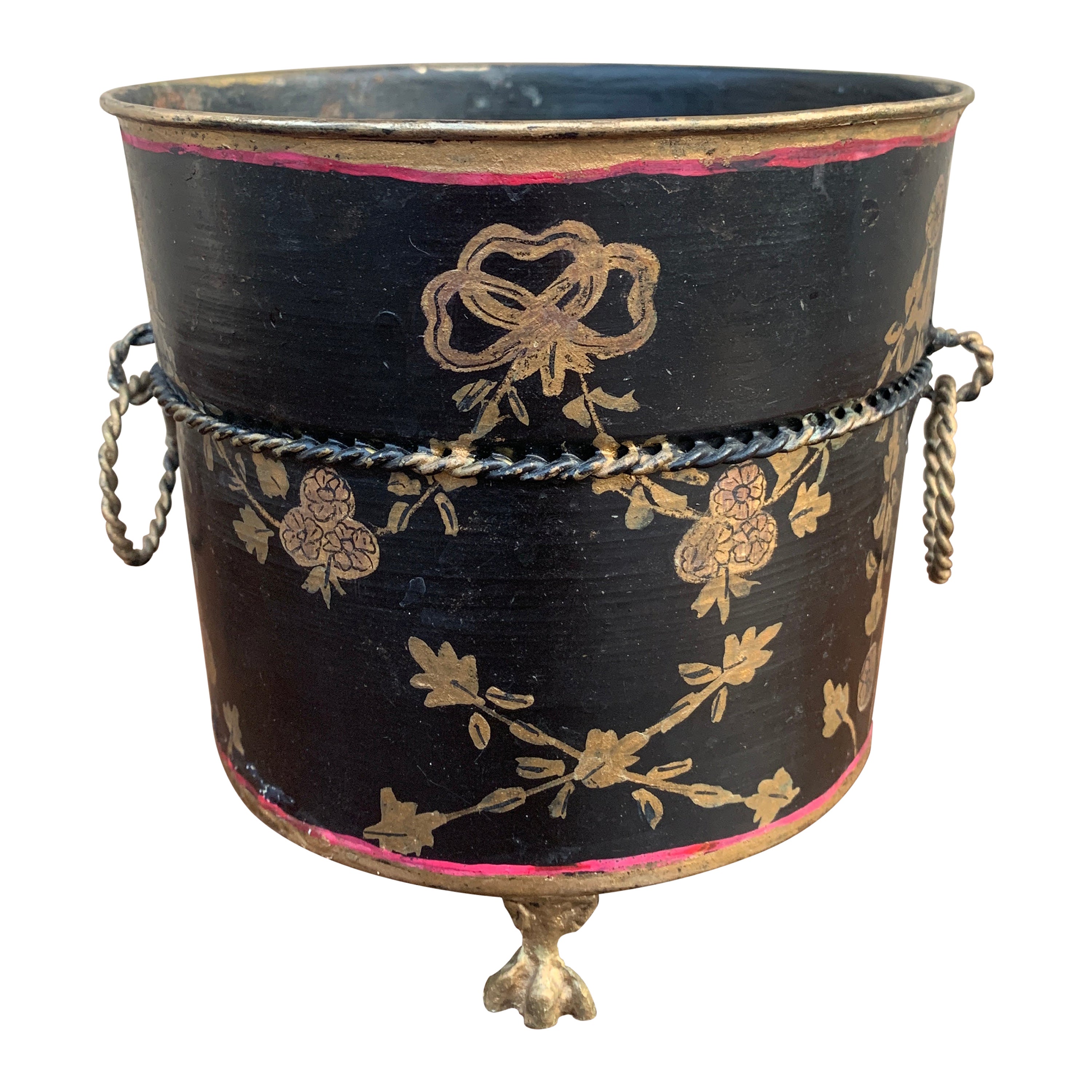 Italian Neoclassical Tole Black & Gold Cachepot Planter Vase For Sale