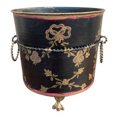 Italian Neoclassical Tole Black & Gold Cachepot Planter Vase