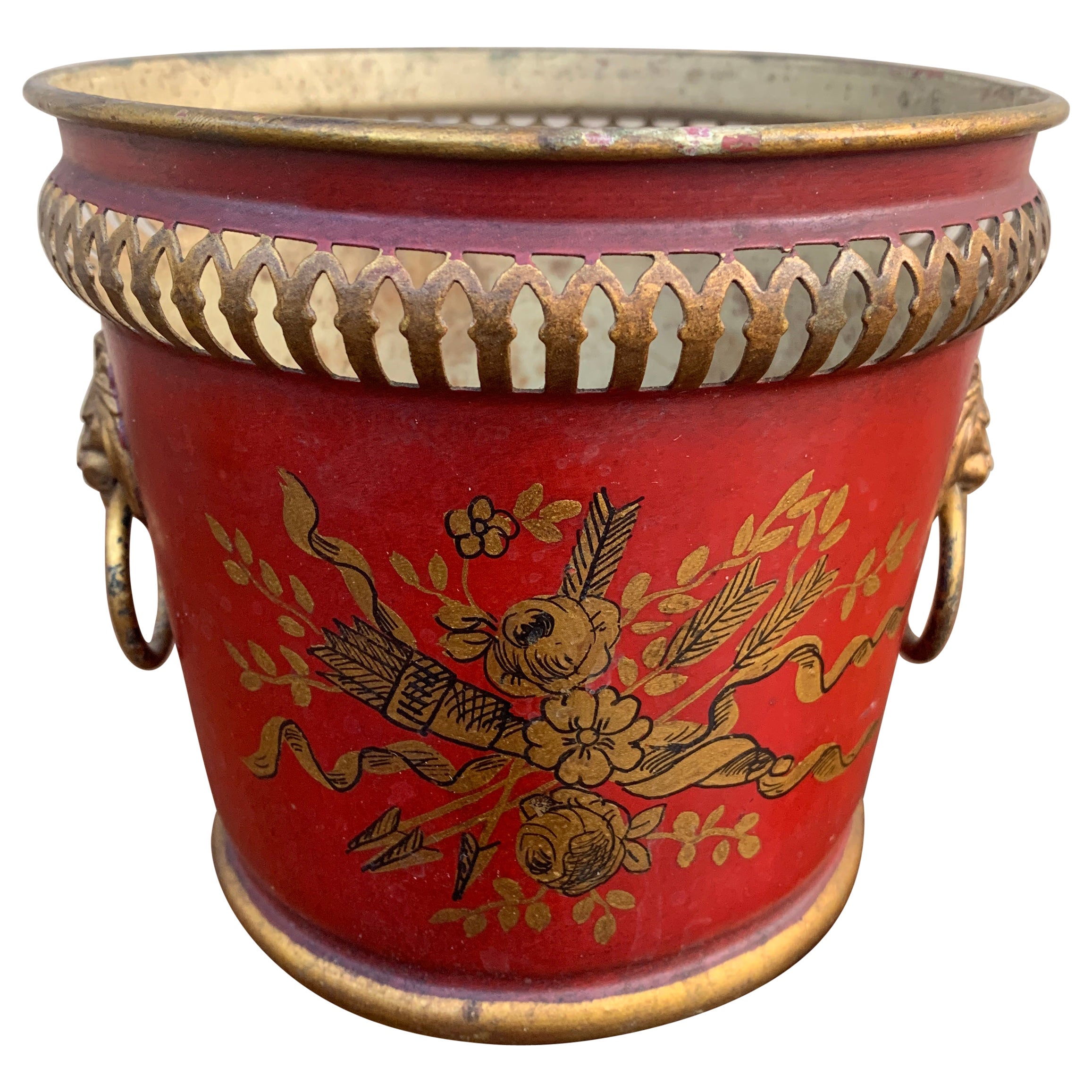 French Neoclassical Tole Red & Gold Cachepot Planter Vase For Sale