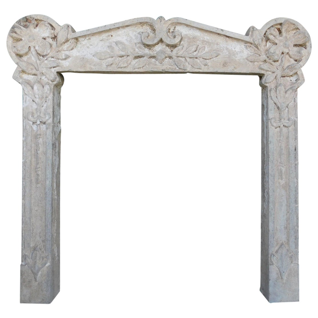 Vintage fireplace mantle in carved floreal Graniglia stone, Italy For Sale