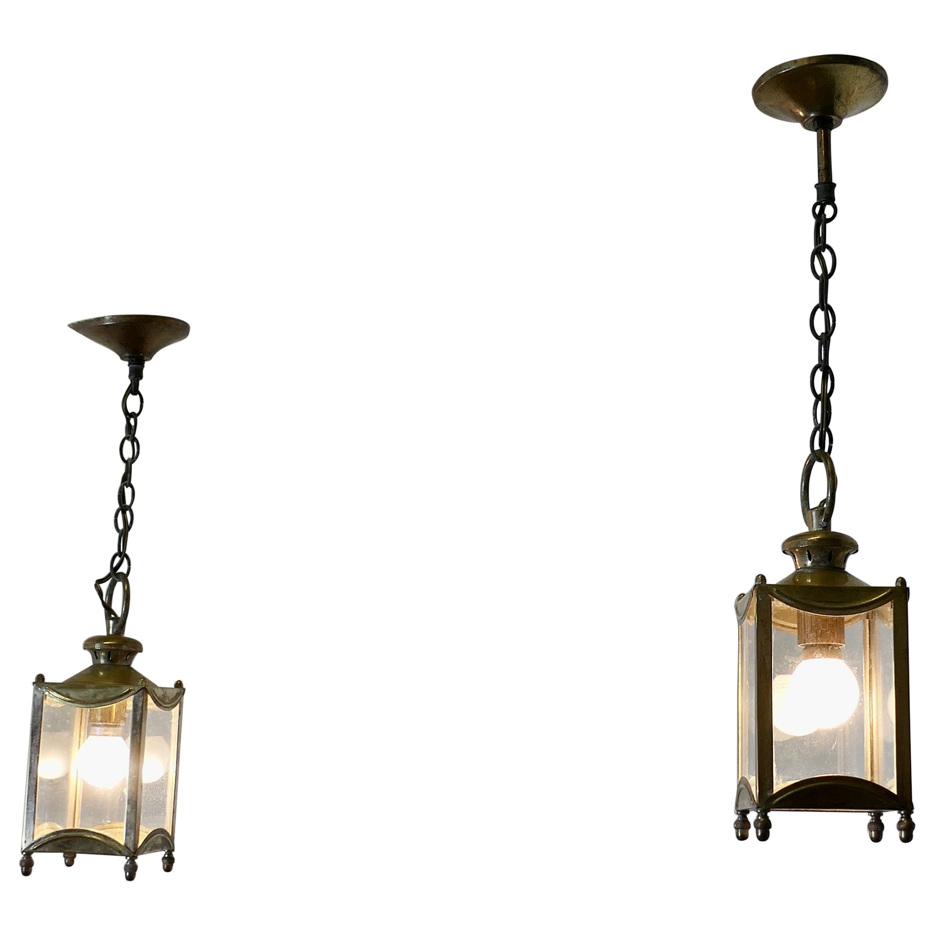 Petite Pair of French Brass and Glass Hall Lantern Lights  This is a lovely pair For Sale