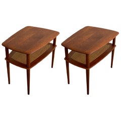 Retro Pair of Modernist Minimalist Peter Hvidt + Orla Mølgaard Teak Caned Side Tables