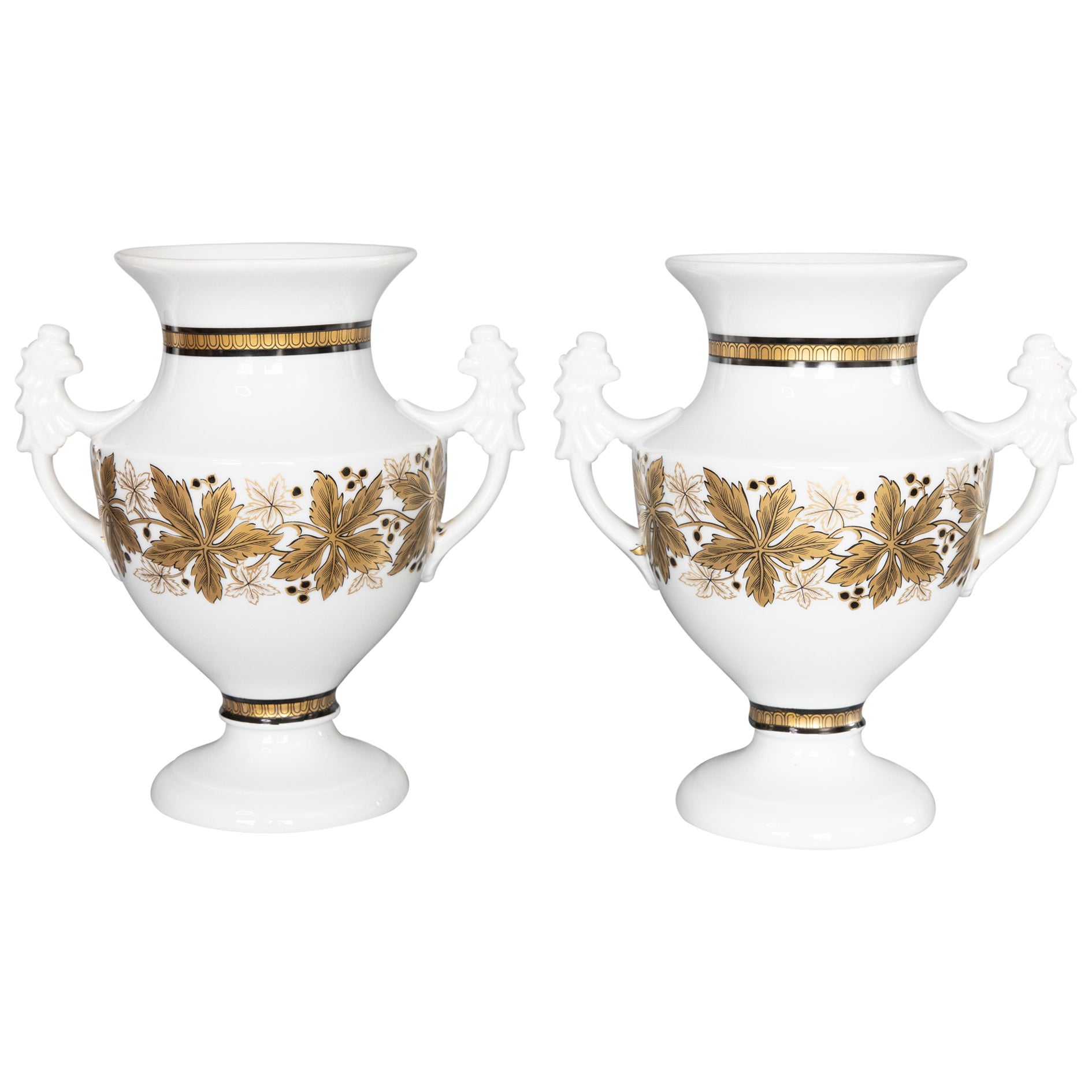 Pair of Neoclassical Royal Tettau German Porcelain White & Gold Urns c. 1930-50