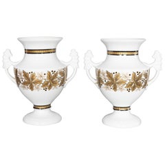 Pair of Neoclassical Royal Tettau German Porcelain White & Gold Urns c. 1930-50
