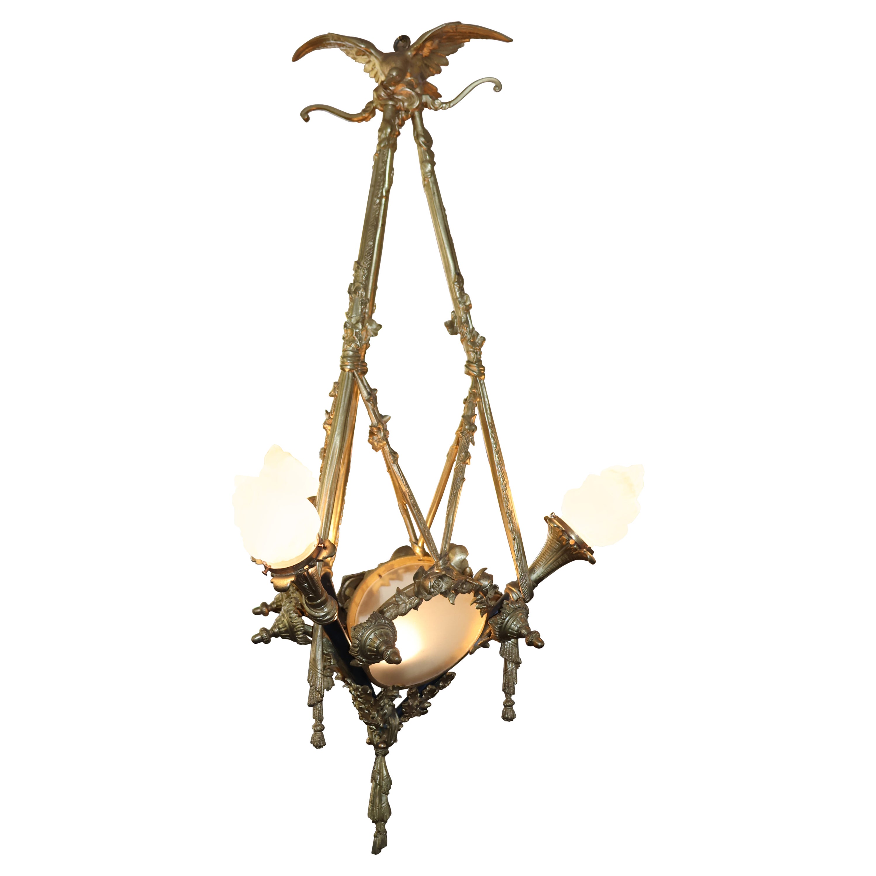  4flammiger Kronleuchter aus Bronze im französischen Stil des frühen 20. Jahrhunderts mit Schirmen im Angebot