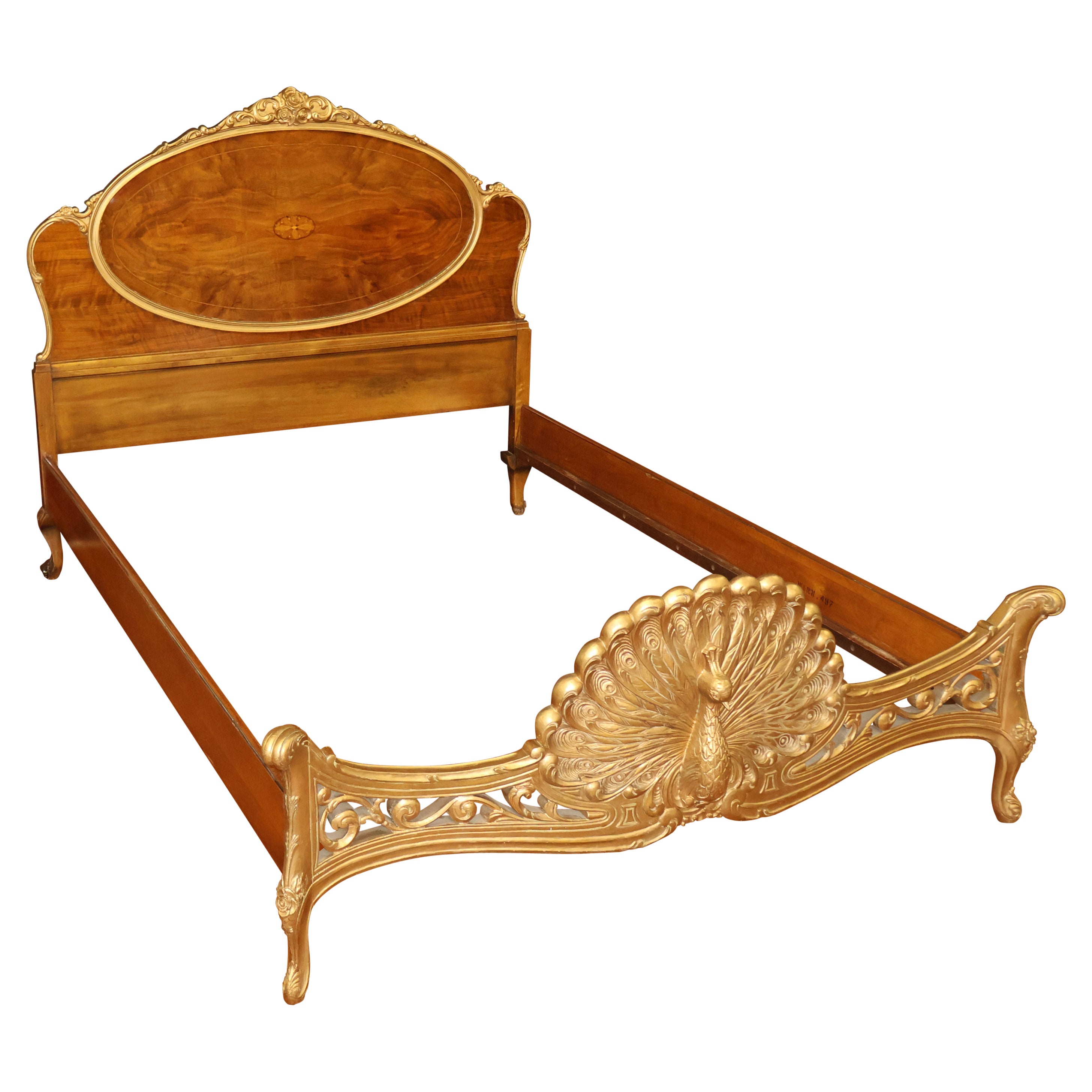 French Louis XVI Style Inlaid Burled Wood Peacock Carved Full Bed