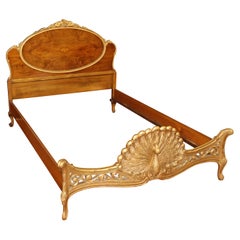 French Louis XVI Style Inlaid Burled Wood Peacock Carved Full Bed