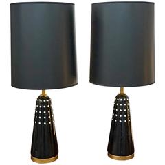 Pair of Black Lacquered Lamps Imbedded with Rhinestones