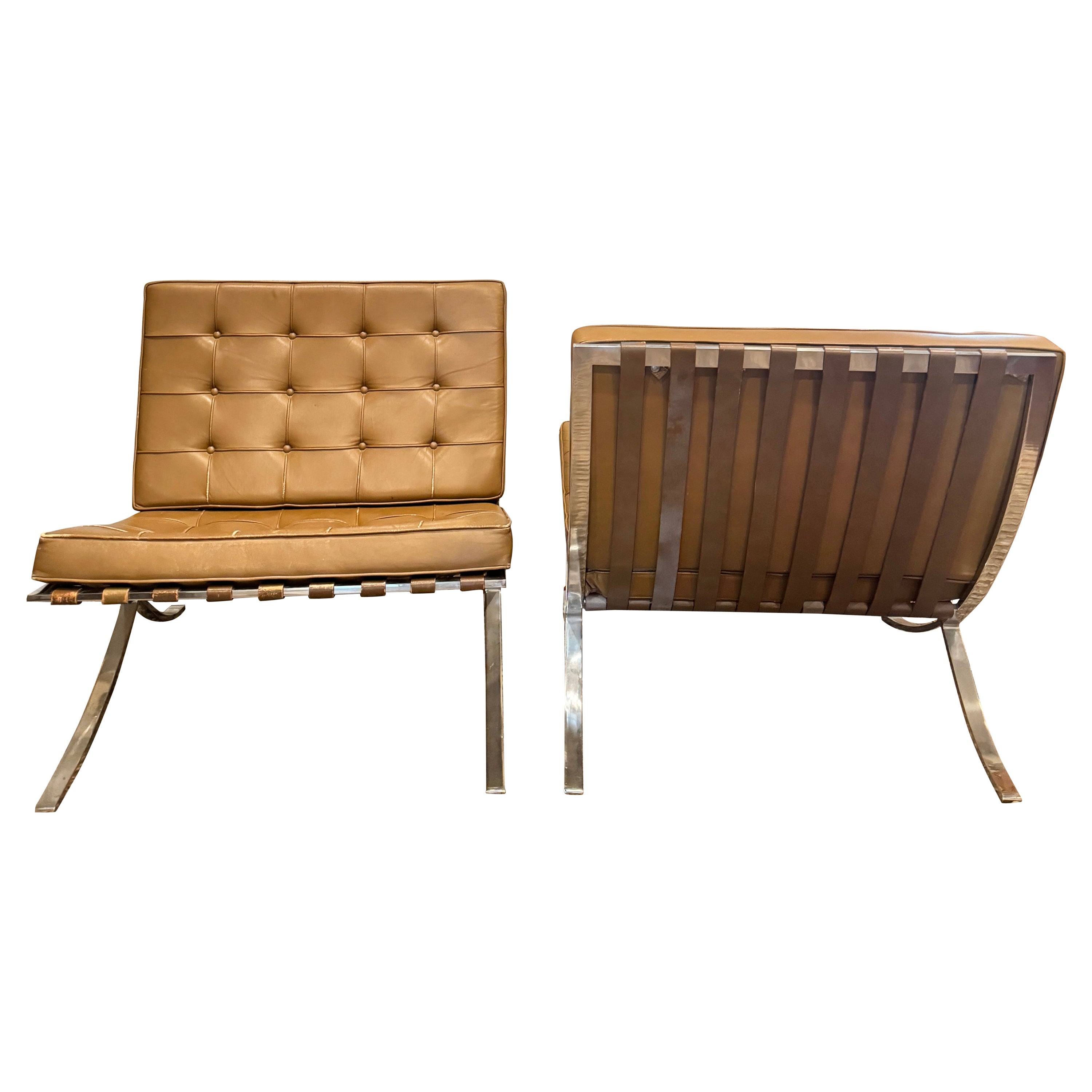 A pair of vintage caramel tan Barcelona chairs by Knoll, circa 1970s For Sale