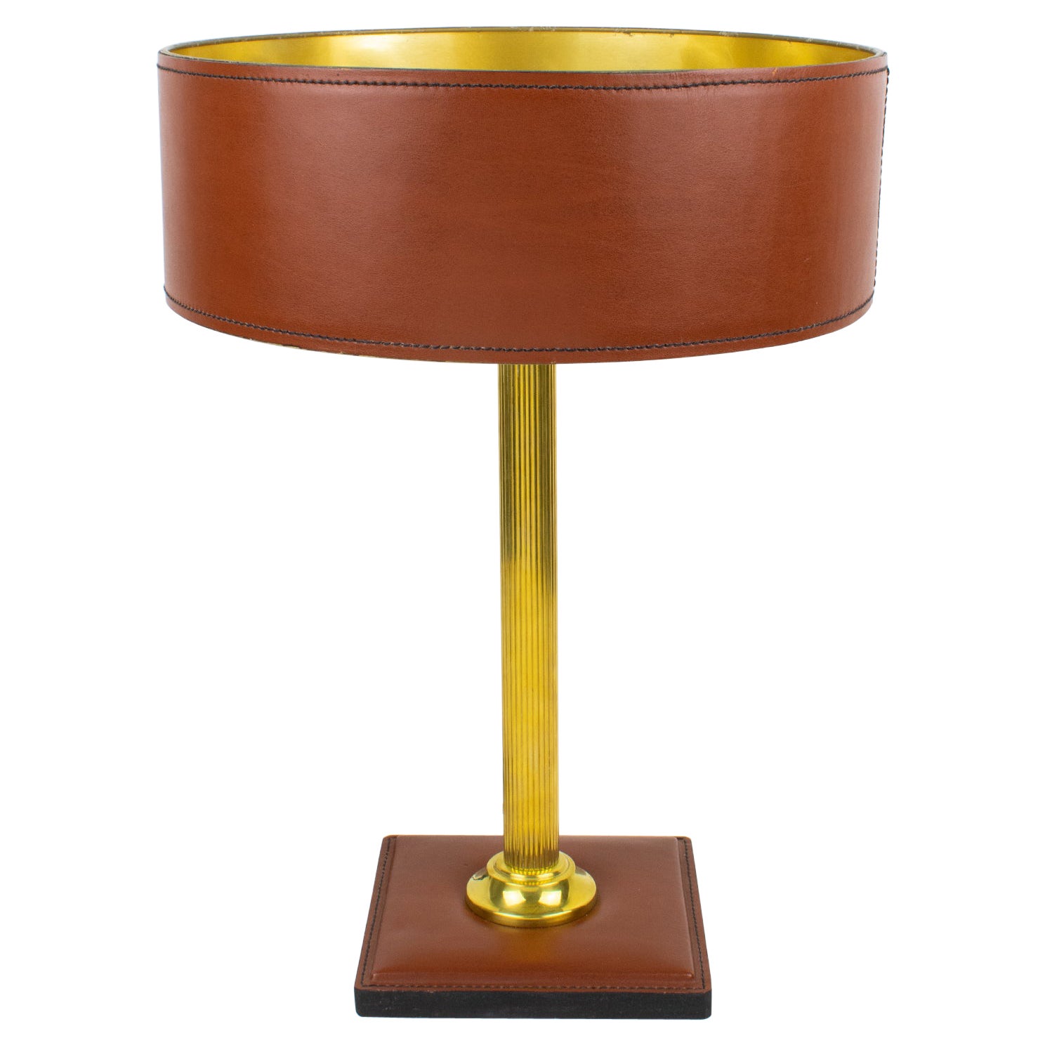 Jacques Adnet Brown Hand-Stitched Leather-Clad Table Lamp For Sale