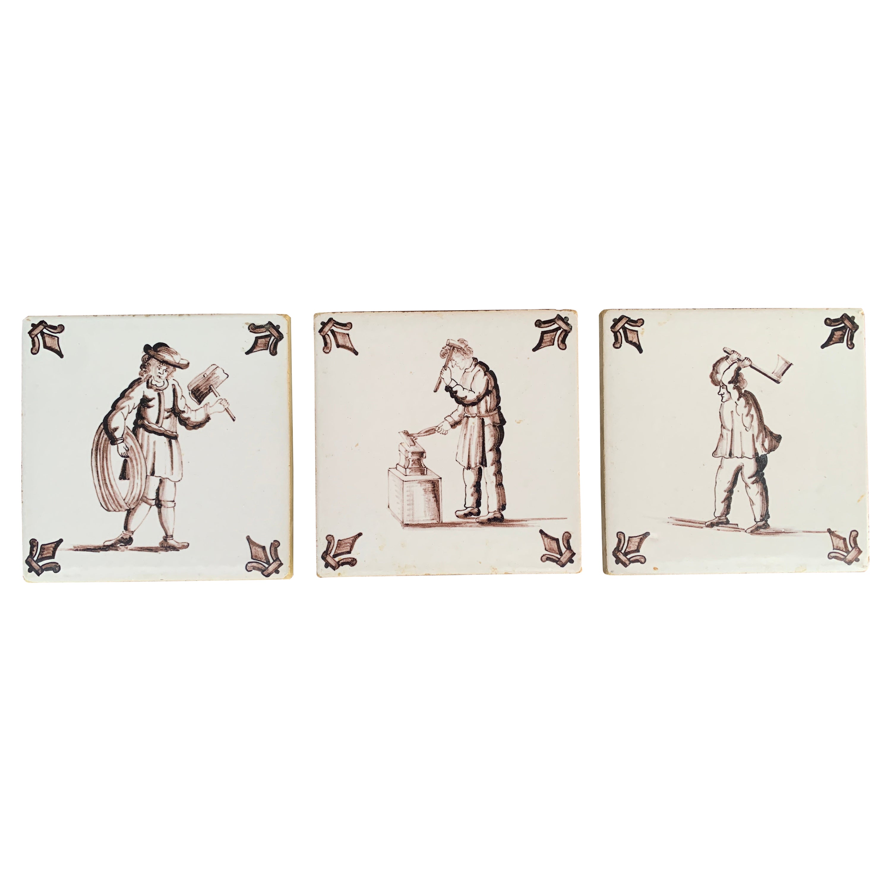 Antique Dutch Delft Style Craftsmen Brown and White Tiles, Set of Three For Sale