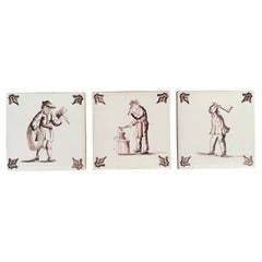 Antique Dutch Delft Style Craftsmen Brown and White Tiles, Set of Three
